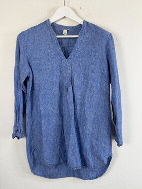 L.L. Bean Premium Washable Linen Tunic Shirt Blue Chambray Split V-Neck Medium